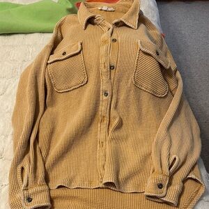 mustard yellow  Waffle Knit Long-Sleeve Shirt Jacket